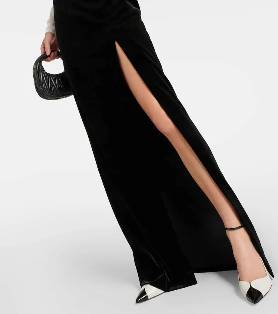 Alessandra Rich Bow-detail satin and velvet maxi dress