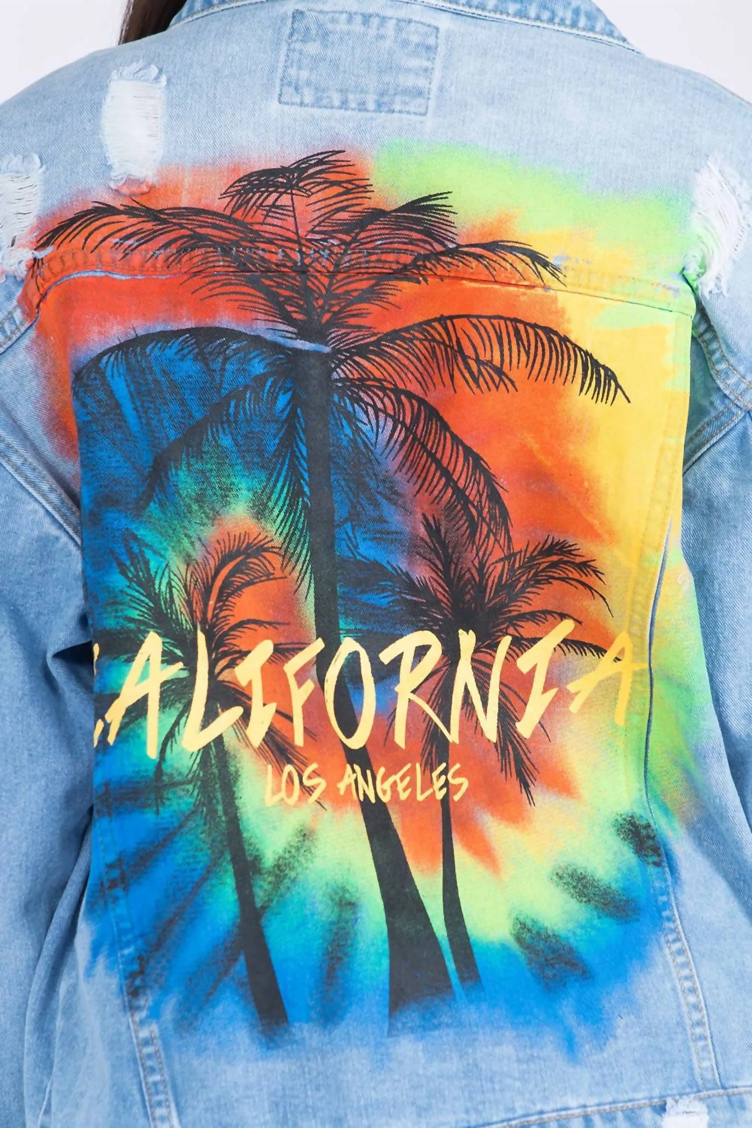 American Bazi - Full Size Painted Back Distressed Denim Jacket