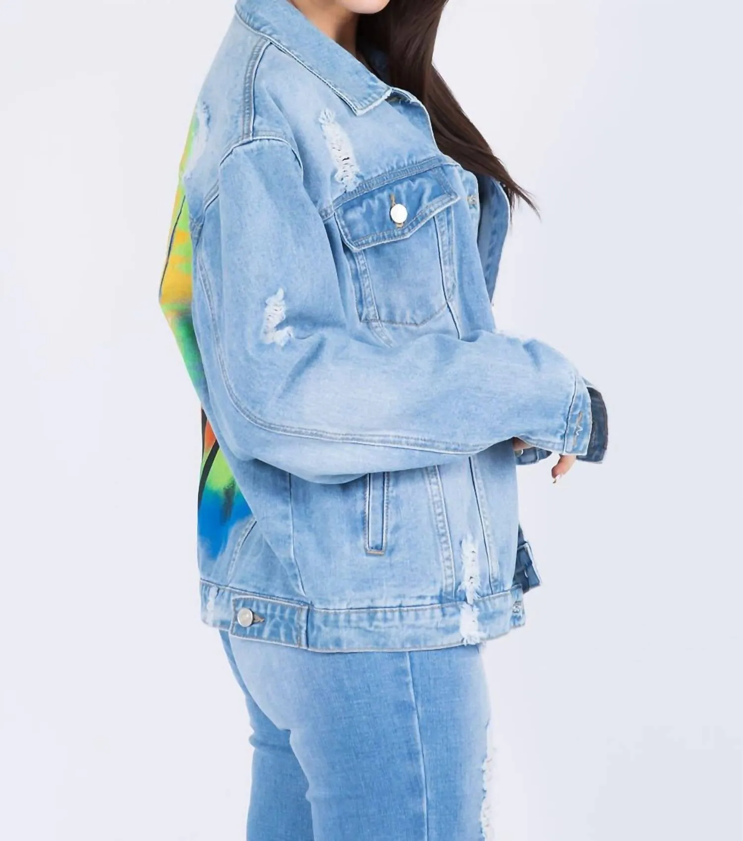American Bazi - Full Size Painted Back Distressed Denim Jacket