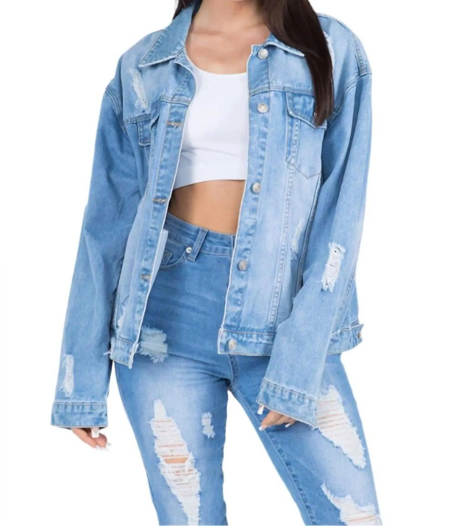 American Bazi - Full Size Painted Back Distressed Denim Jacket