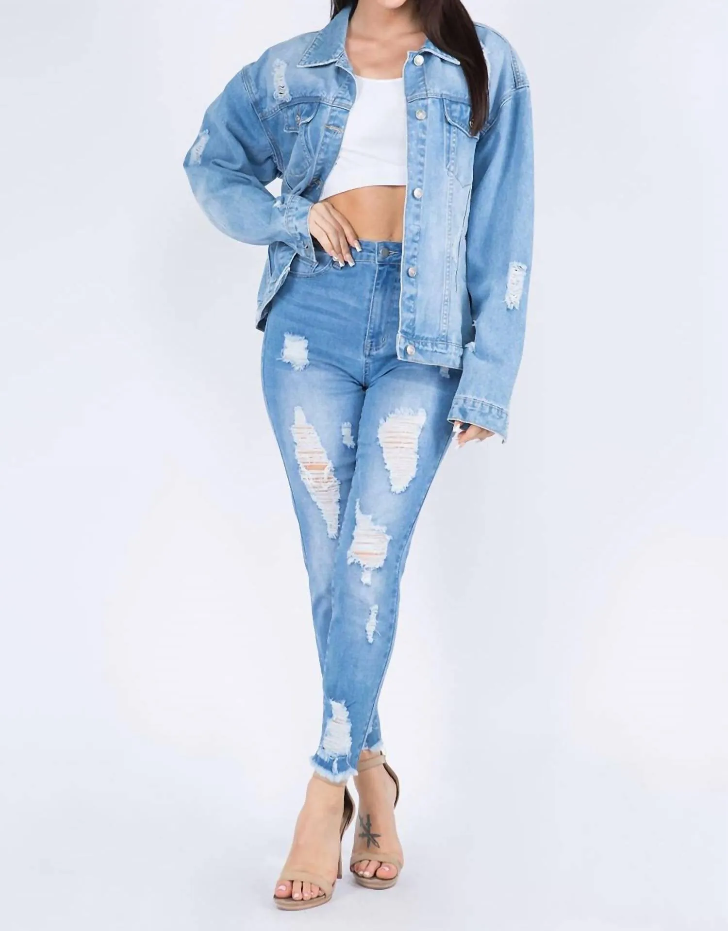 American Bazi - Full Size Painted Back Distressed Denim Jacket