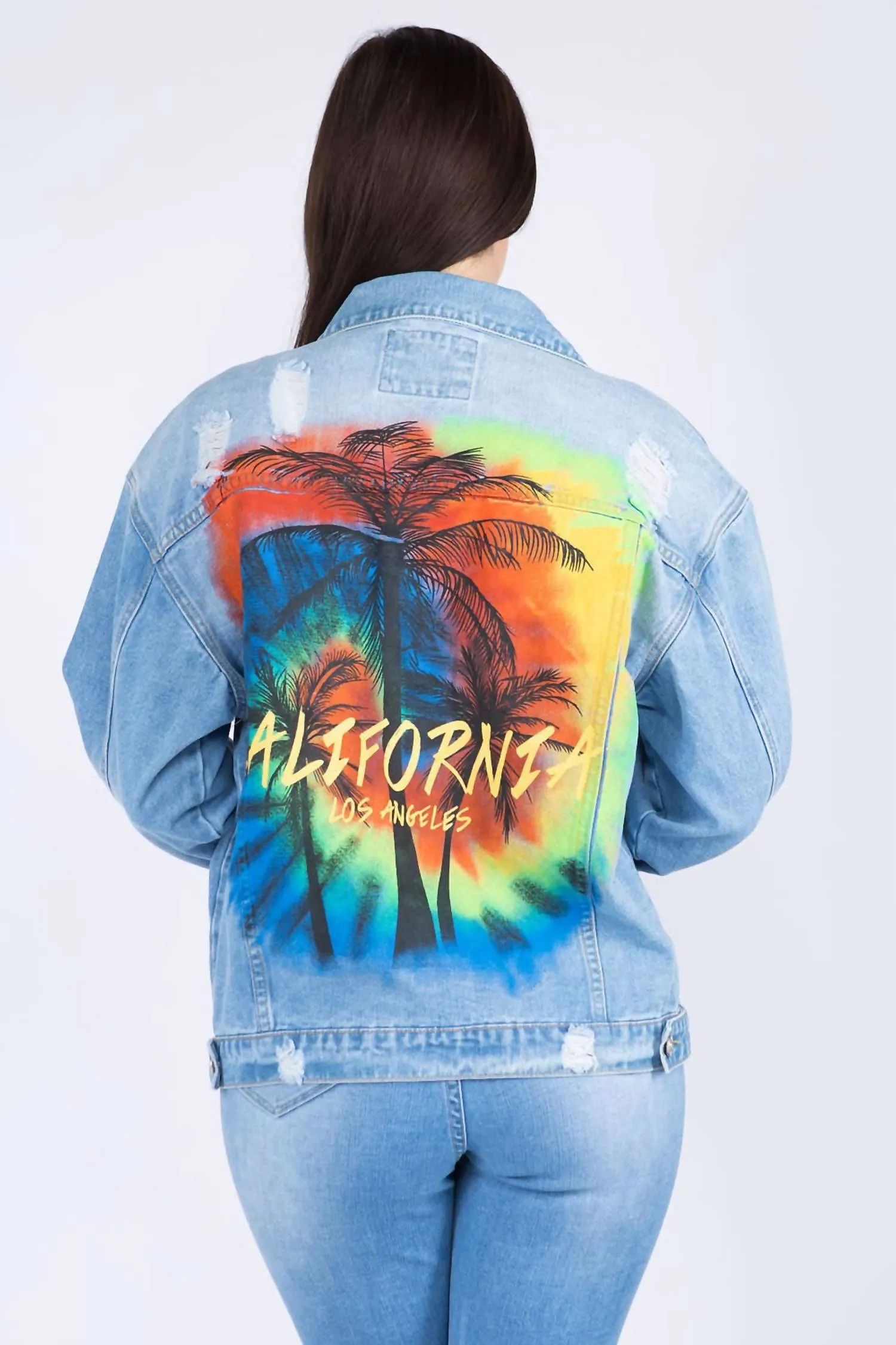 American Bazi - Full Size Painted Back Distressed Denim Jacket