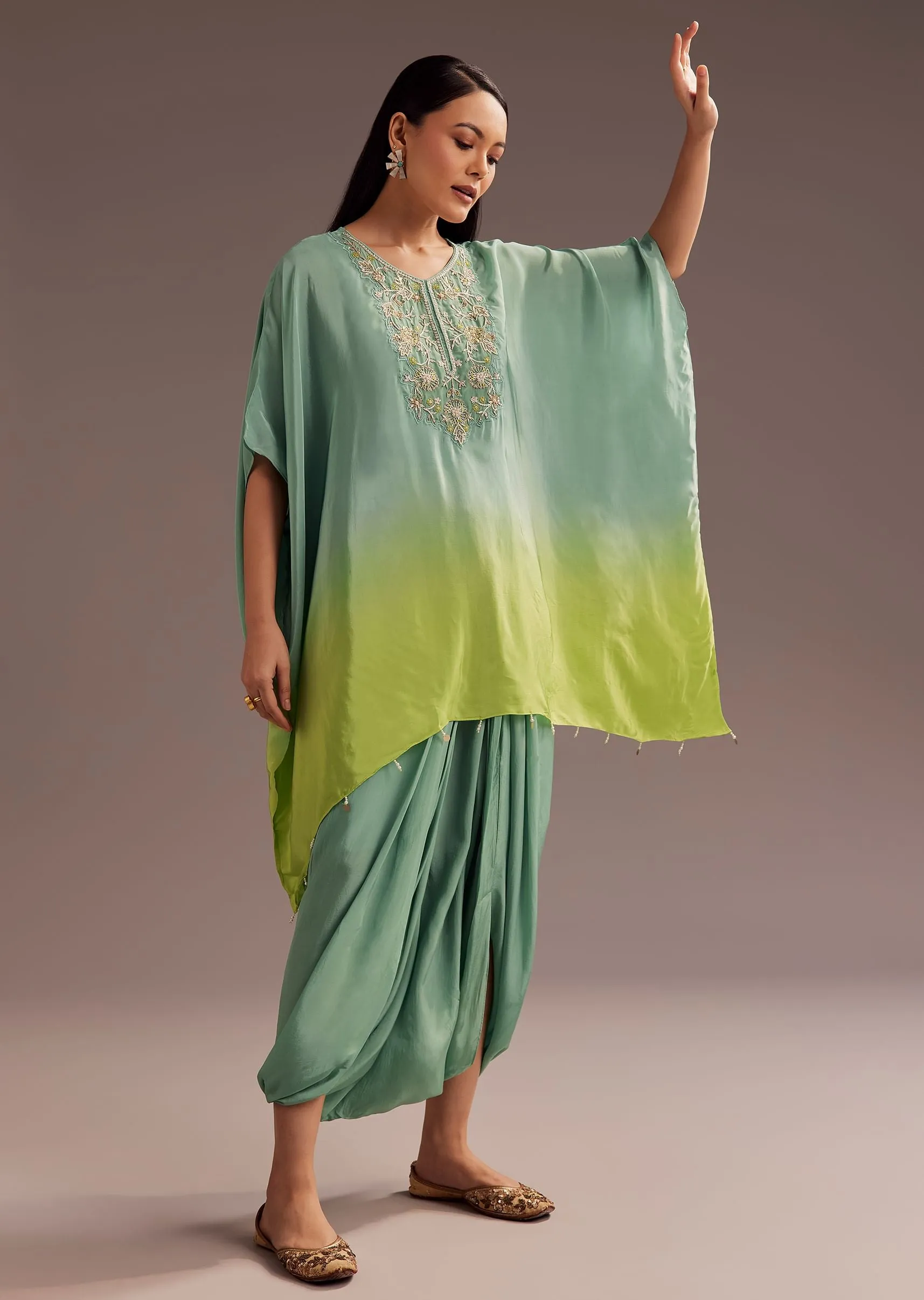Aqua Green Ombre Moti Zardosi Kaftan Kurta Dhoti Set