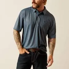 ARIAT MENS ALL OVER PRINT NEWSBOY BLUE POLO SHIRT