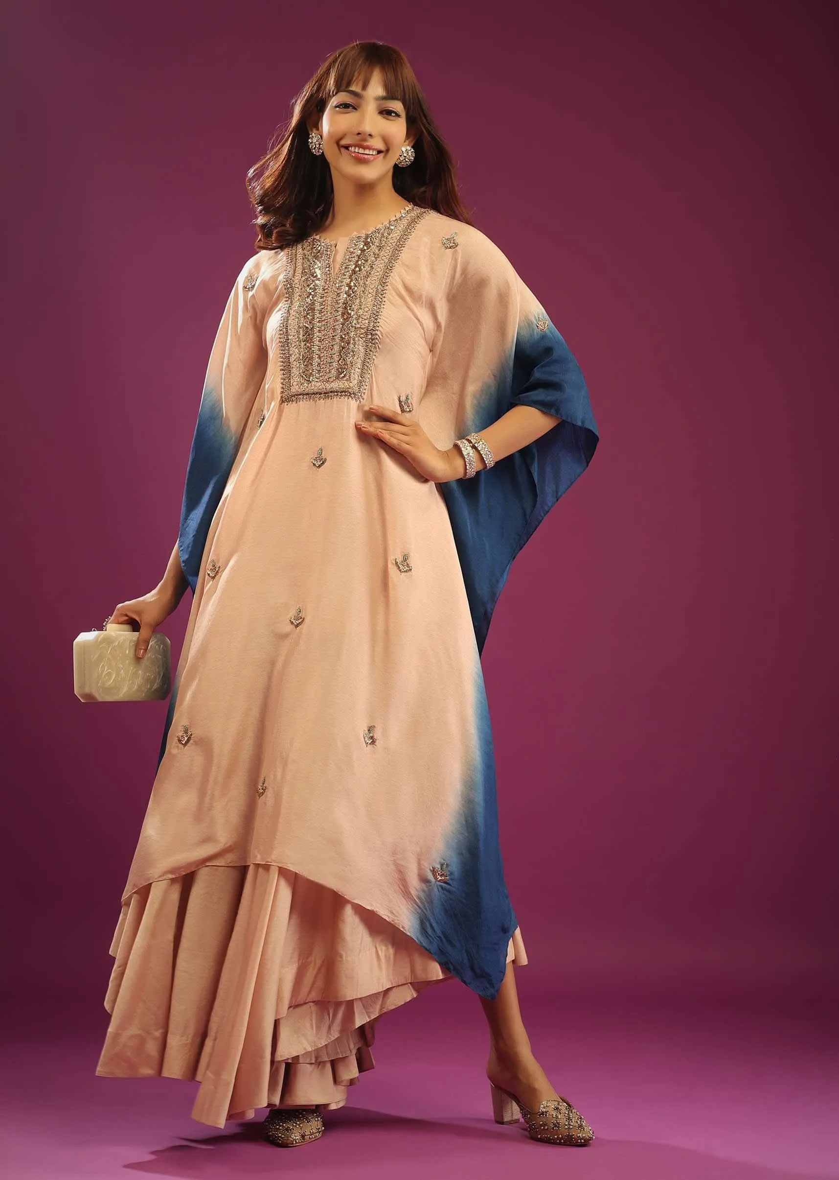 Beige & Blue Ombre Kaftan Set With Wide-Leg Palazzo And Heavy Embroidery
