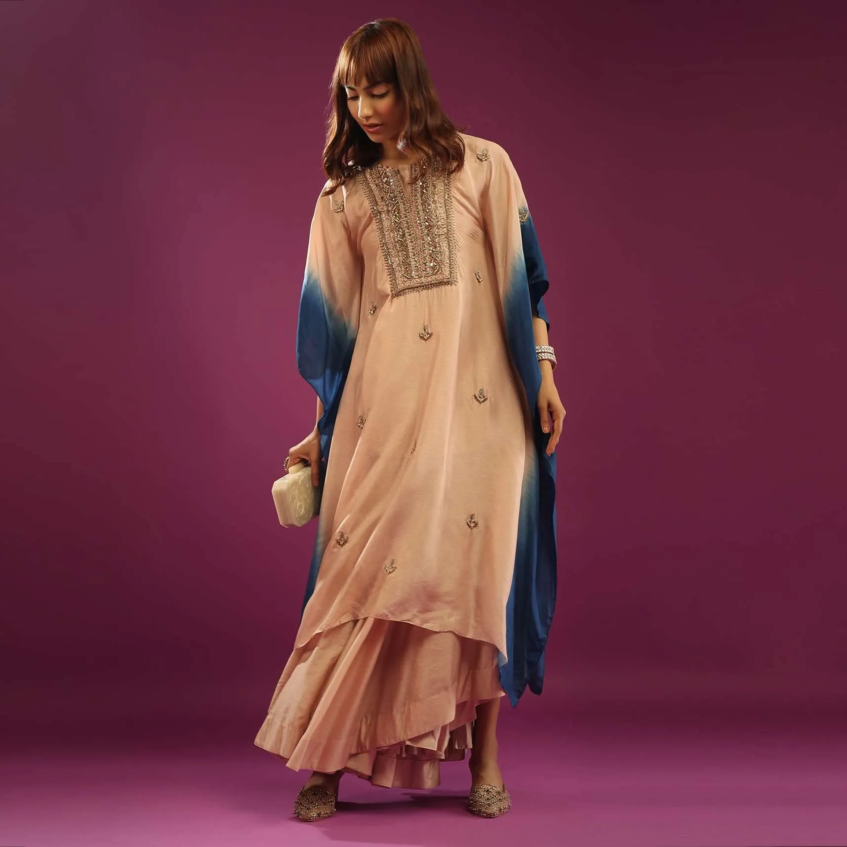 Beige & Blue Ombre Kaftan Set With Wide-Leg Palazzo And Heavy Embroidery