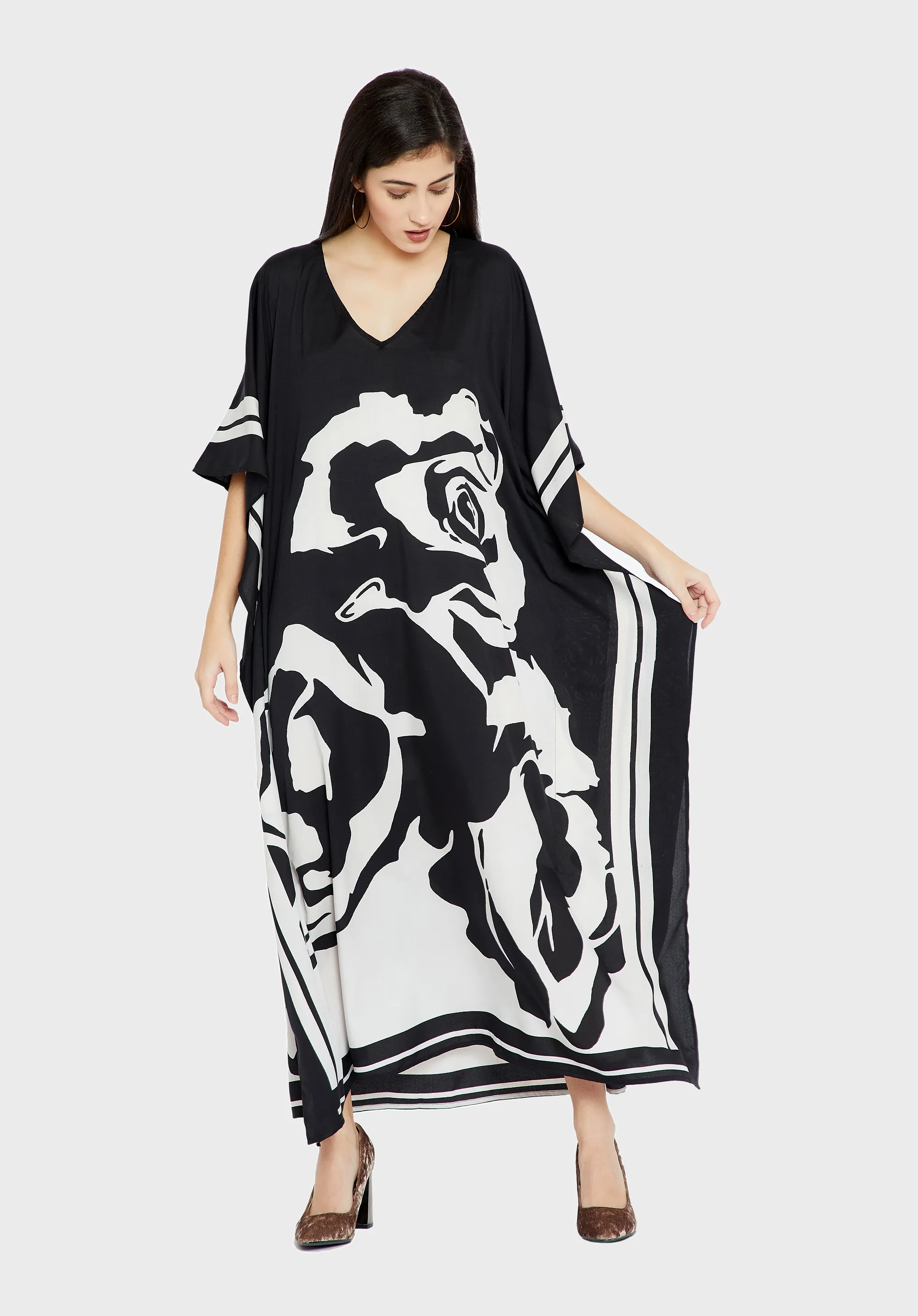 Black & White Soft Satin Silk Kaftan, Designer pretty Caftan For Women's