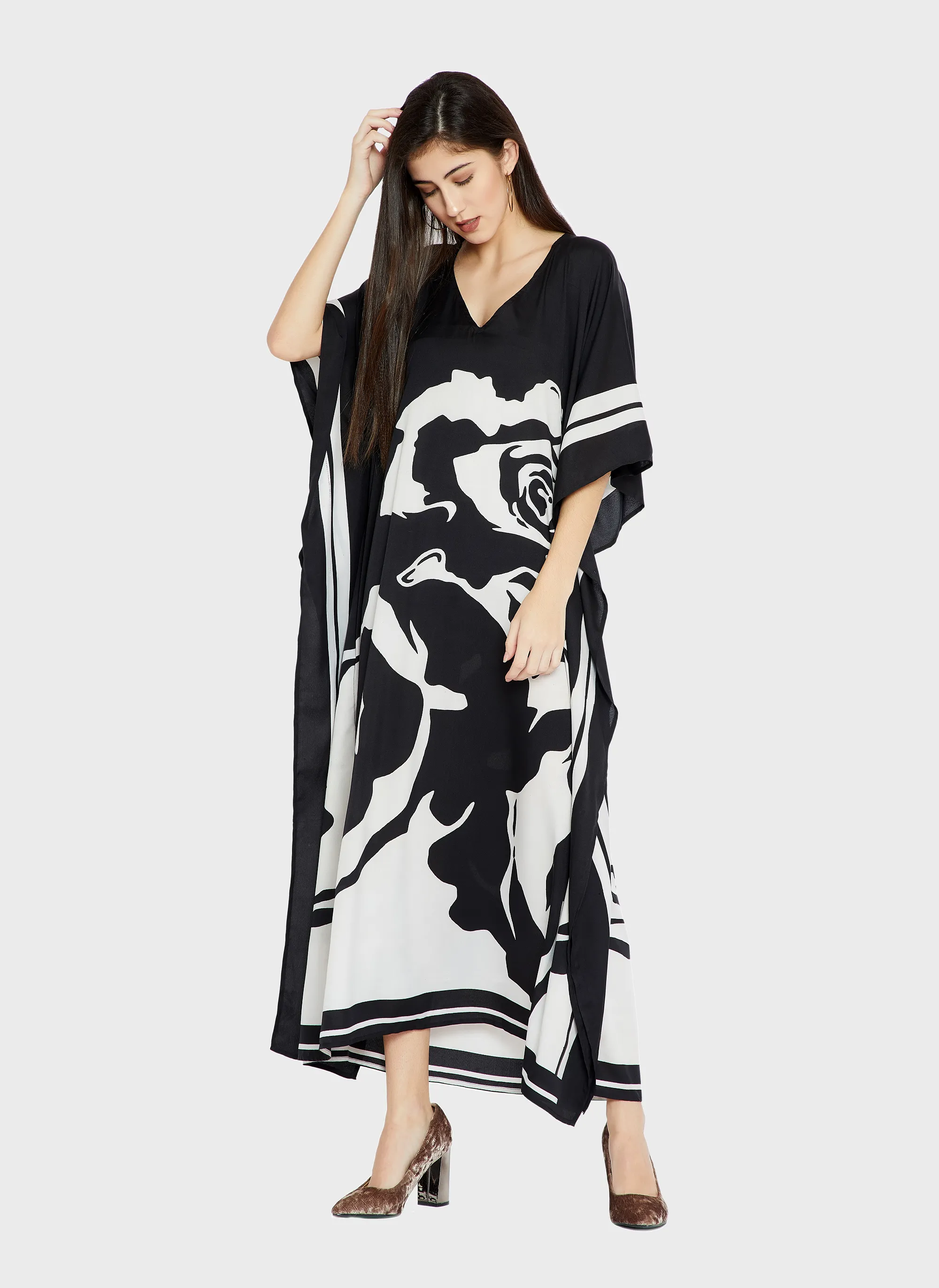 Black & White Soft Satin Silk Kaftan, Designer pretty Caftan For Women's