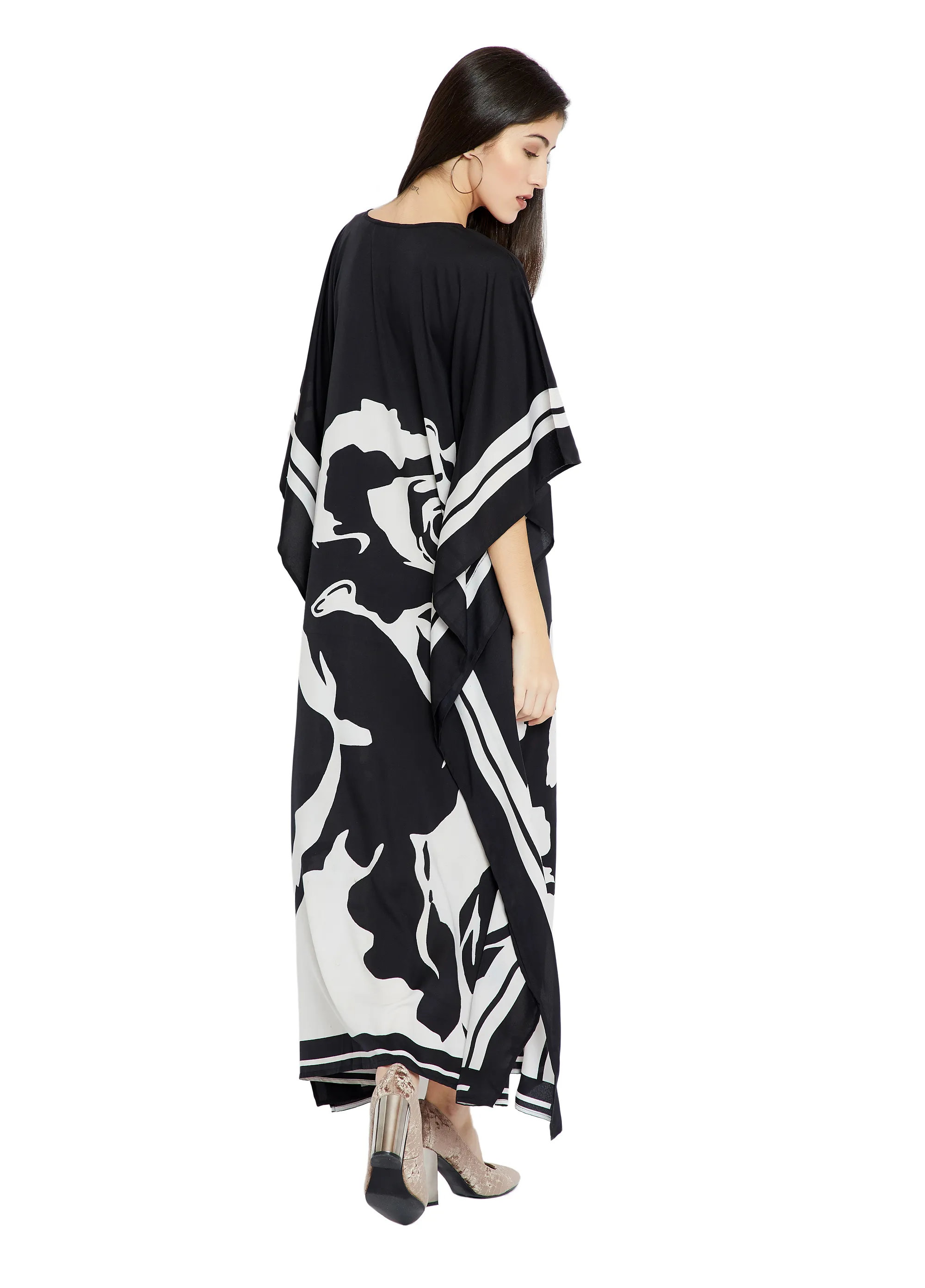 Black & White Soft Satin Silk Kaftan, Designer pretty Caftan For Women's