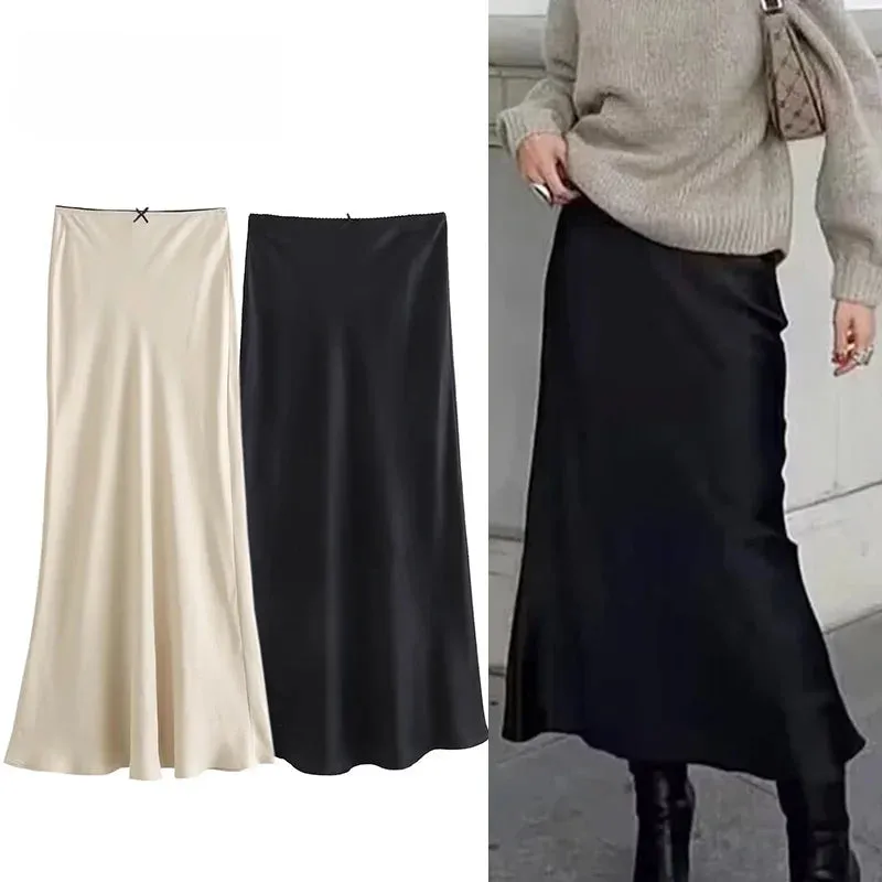 Black Satin Skirt Woman Bow Elegant Long Skirts High Waist Midi Skirt