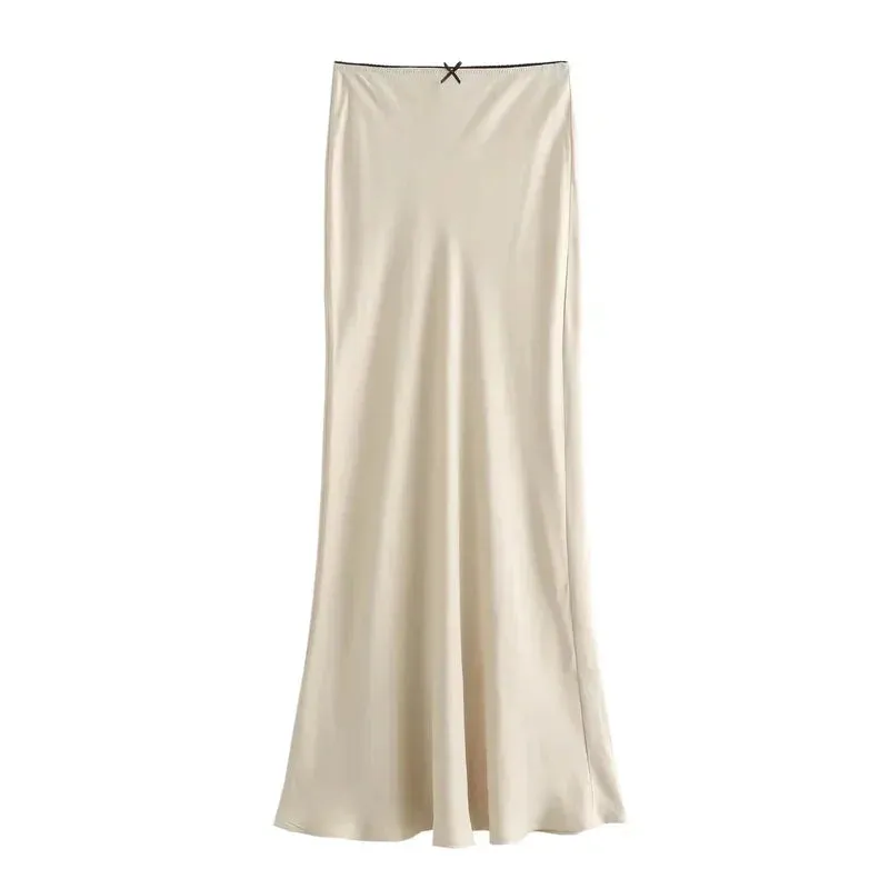 Black Satin Skirt Woman Bow Elegant Long Skirts High Waist Midi Skirt