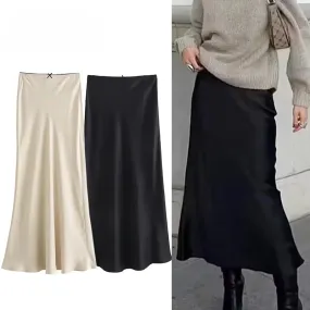 Black Satin Skirt Woman Bow Elegant Long Skirts High Waist Midi Skirt