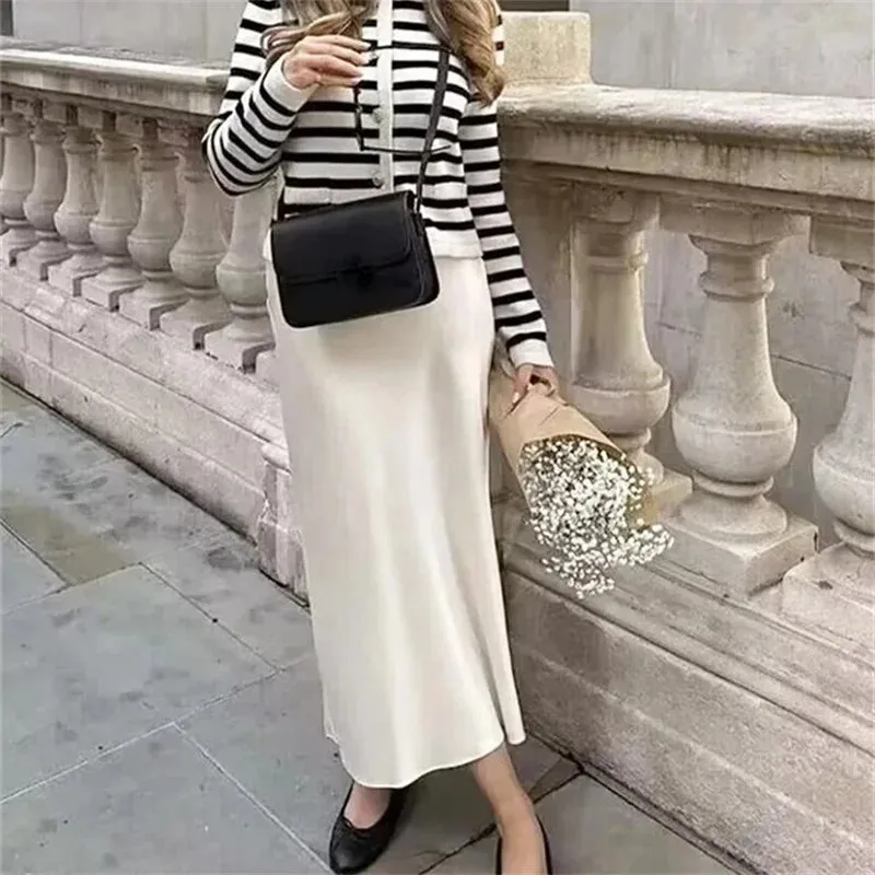 Black Satin Skirt Woman Bow Elegant Long Skirts High Waist Midi Skirt