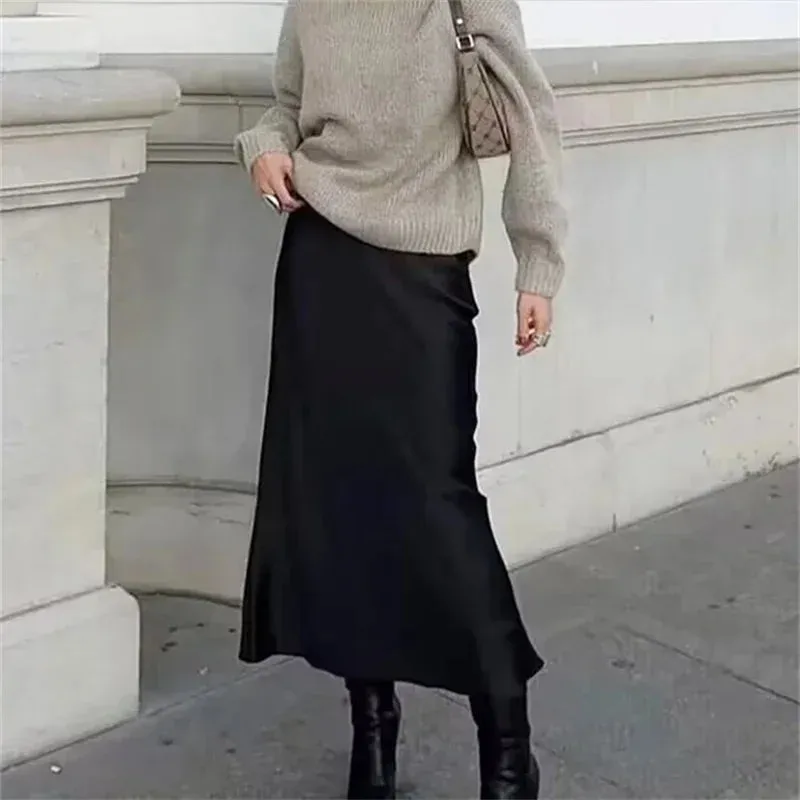 Black Satin Skirt Woman Bow Elegant Long Skirts High Waist Midi Skirt