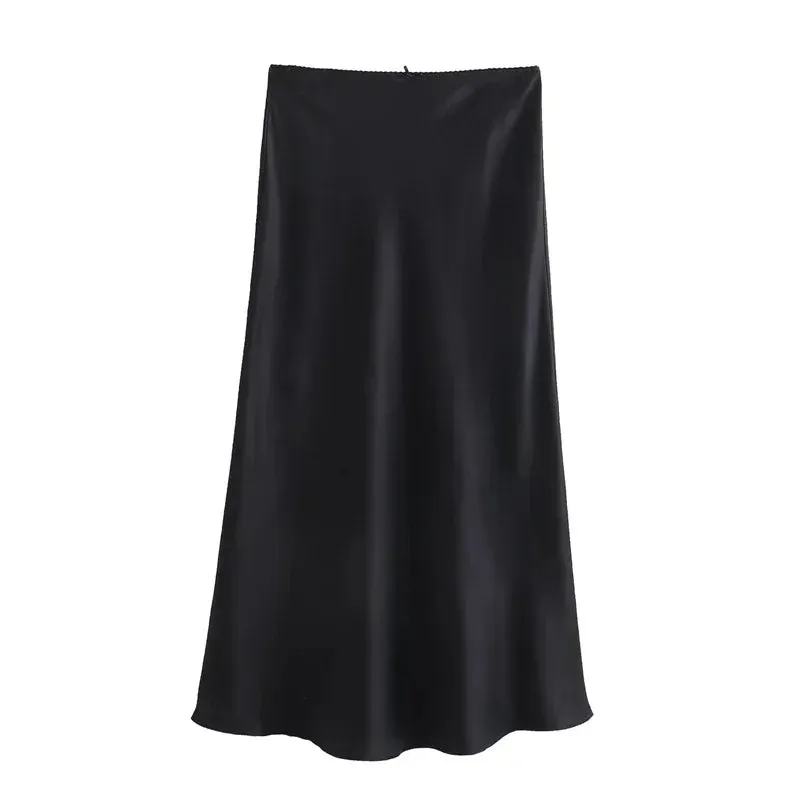 Black Satin Skirt Woman Bow Elegant Long Skirts High Waist Midi Skirt