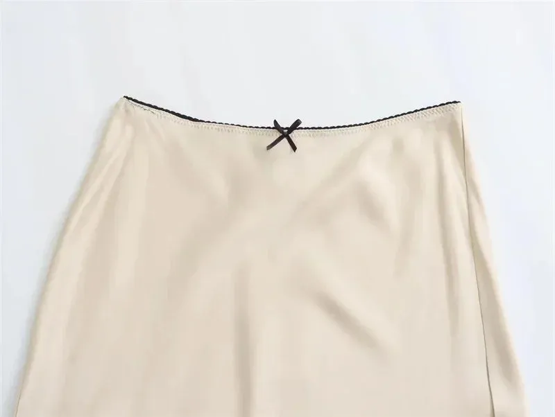 Black Satin Skirt Woman Bow Elegant Long Skirts High Waist Midi Skirt