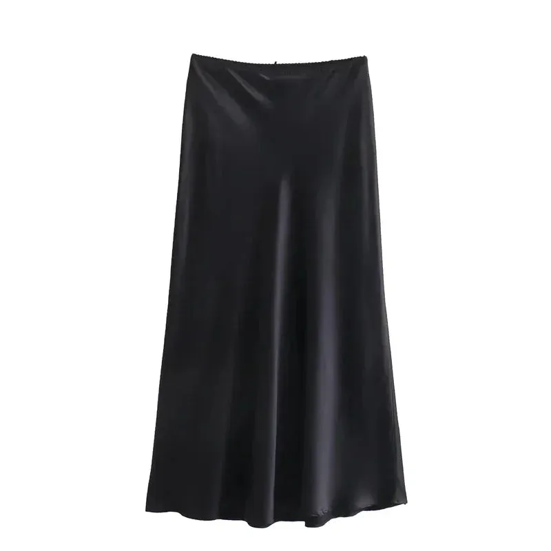Black Satin Skirt Woman Bow Elegant Long Skirts High Waist Midi Skirt
