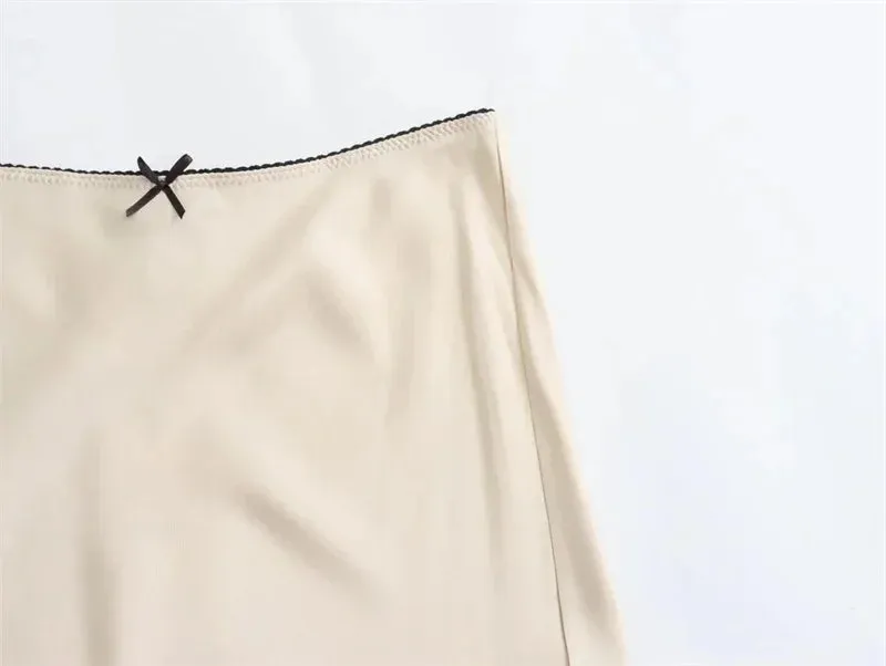 Black Satin Skirt Woman Bow Elegant Long Skirts High Waist Midi Skirt