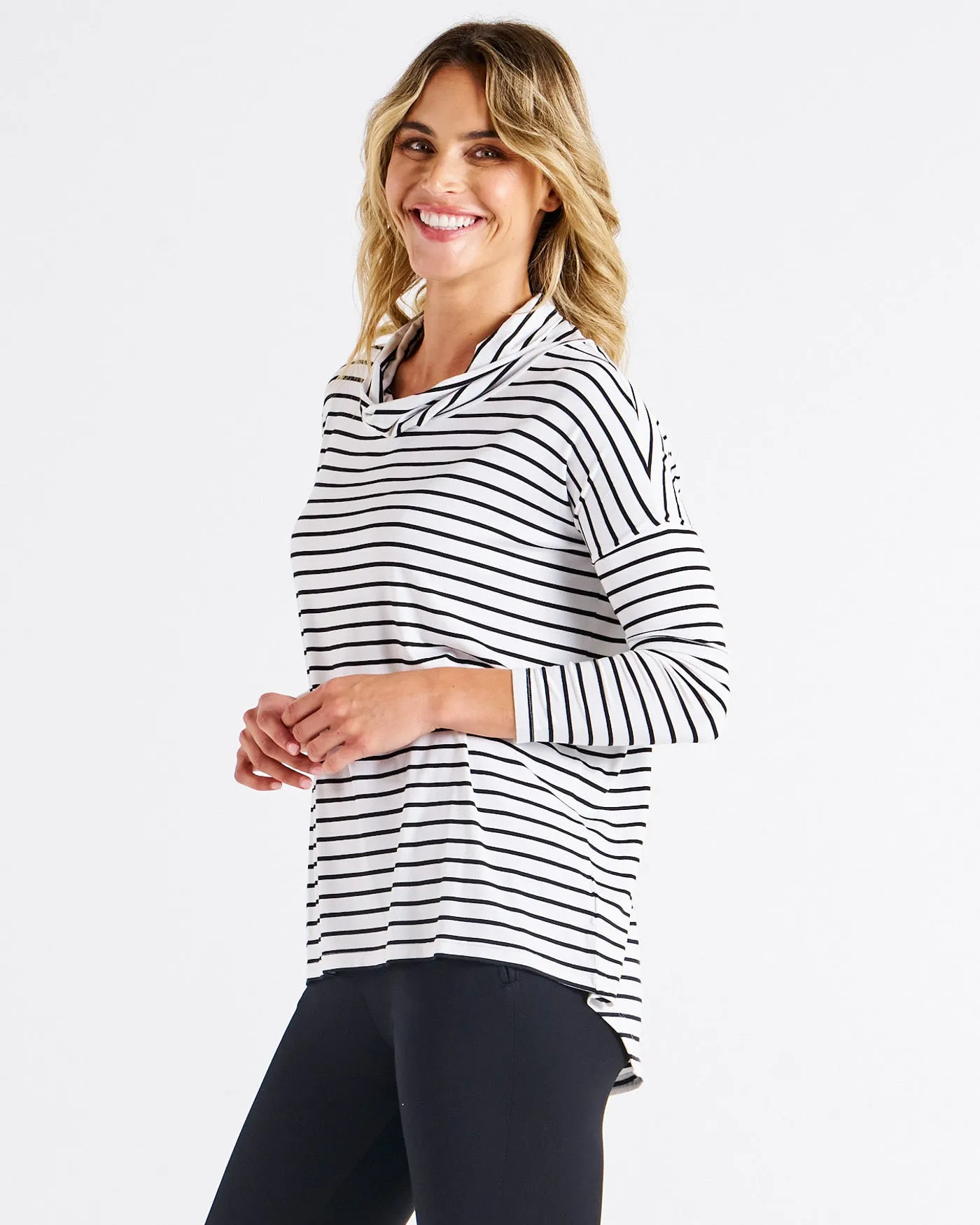 Cowl Neck Bamboo Top - Mono Stripe
