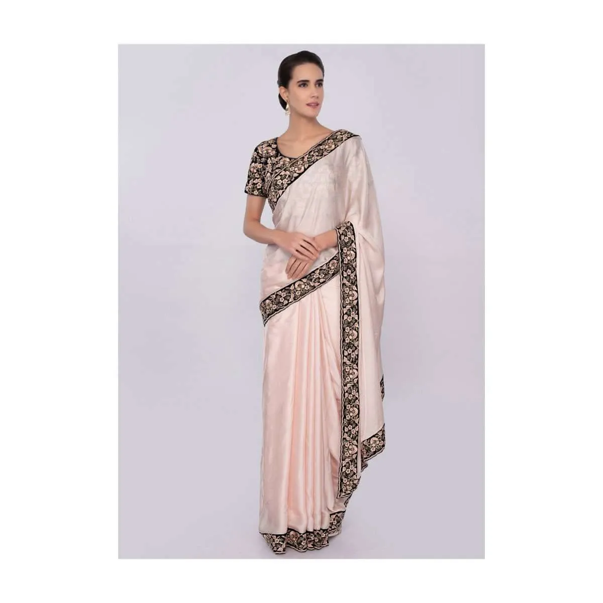 Creamish peach satin silk saree with dark navy blue velvet blouse only on Kalki