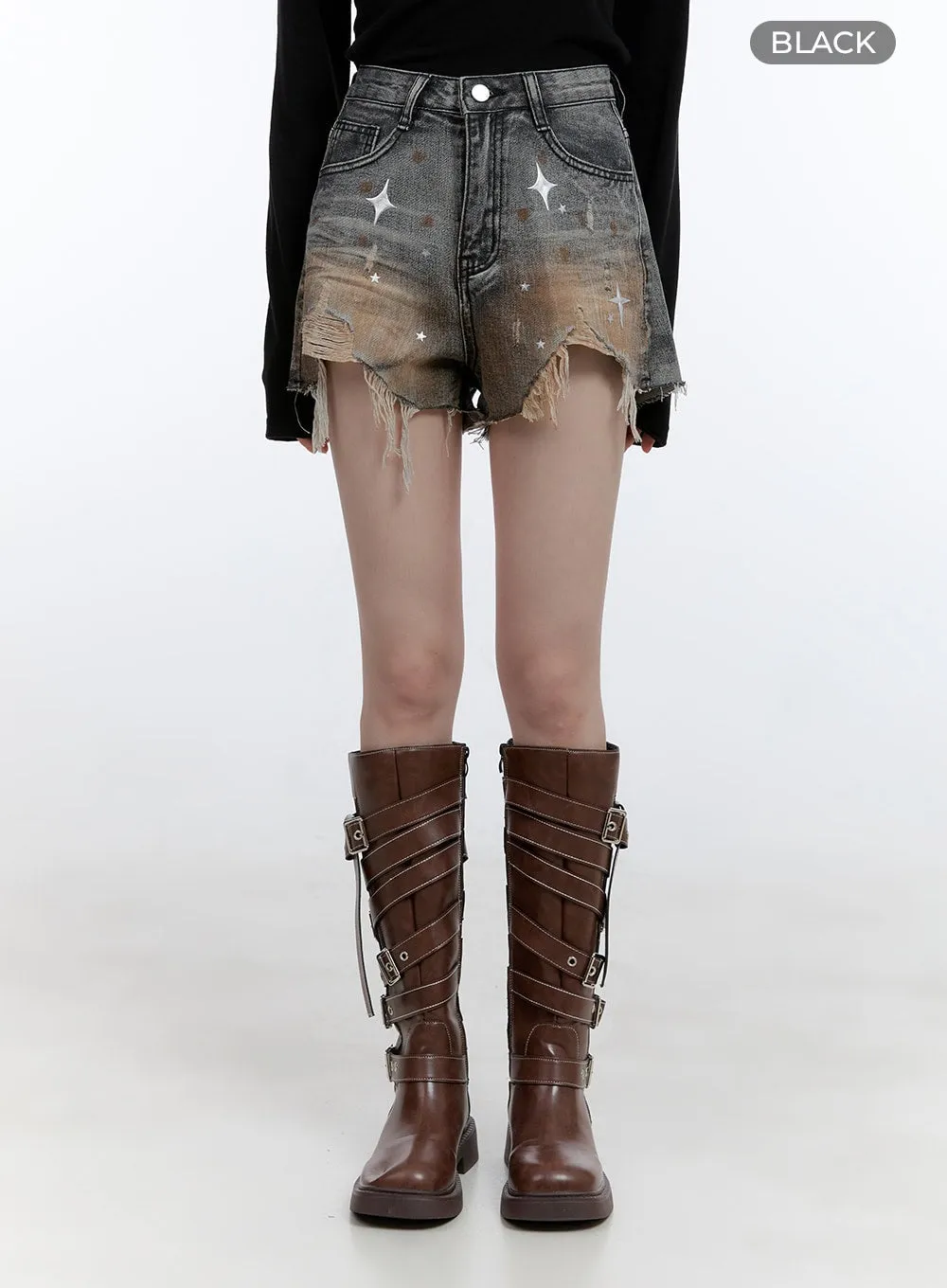 Denim Graphic Distressed Shorts CG413