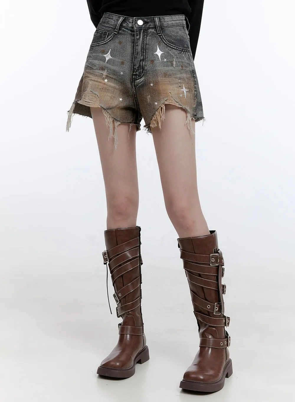 Denim Graphic Distressed Shorts CG413