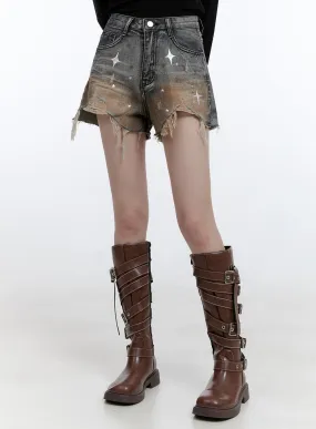 Denim Graphic Distressed Shorts CG413