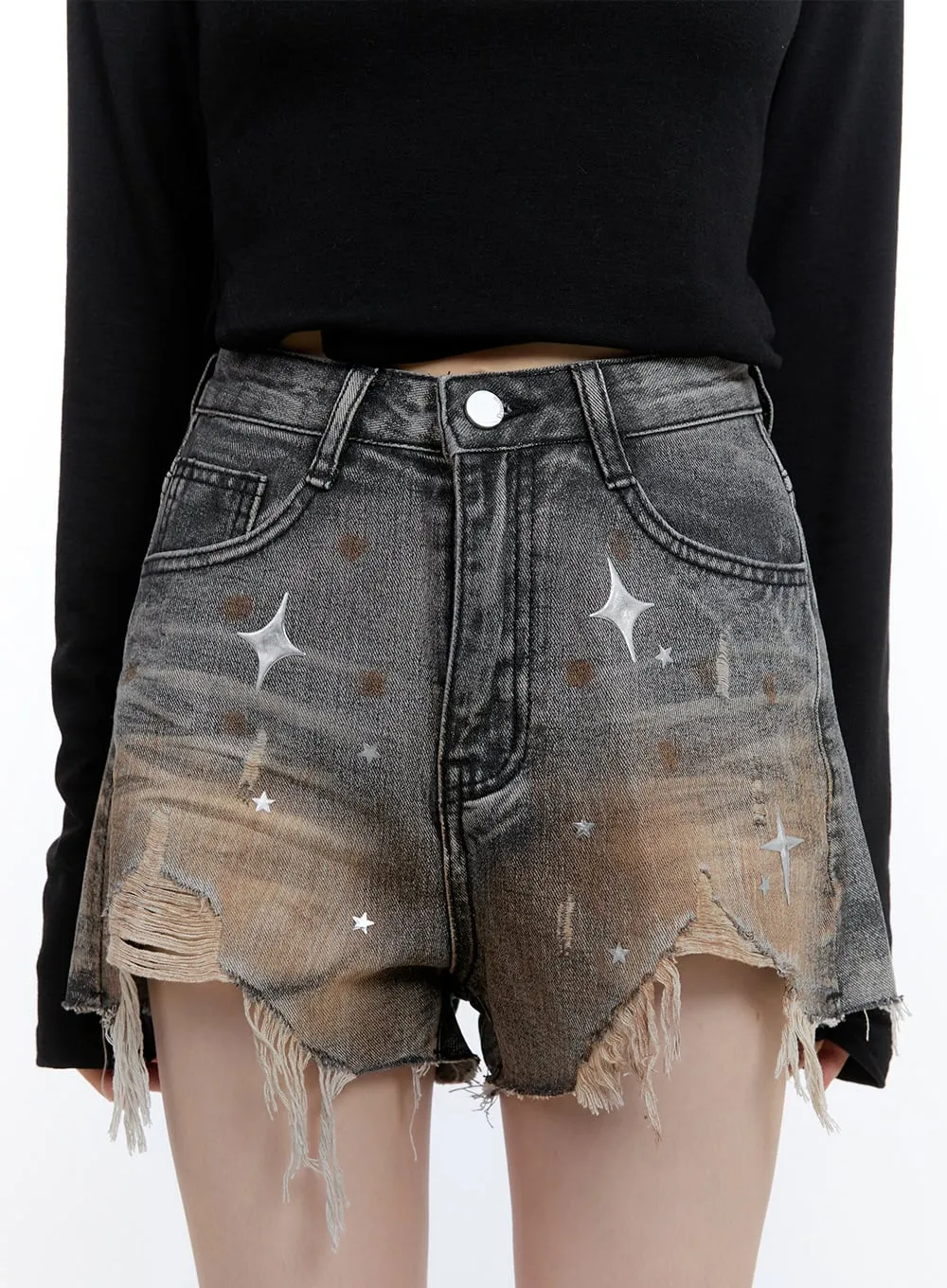 Denim Graphic Distressed Shorts CG413