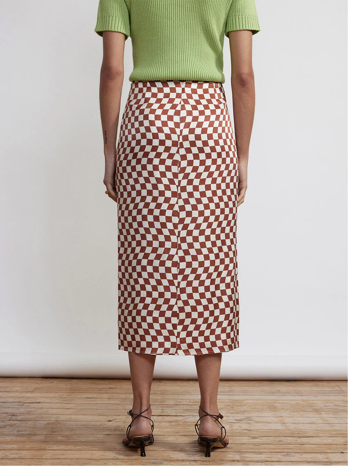 Emmeline Brown Wavy Checker Midi Skirt