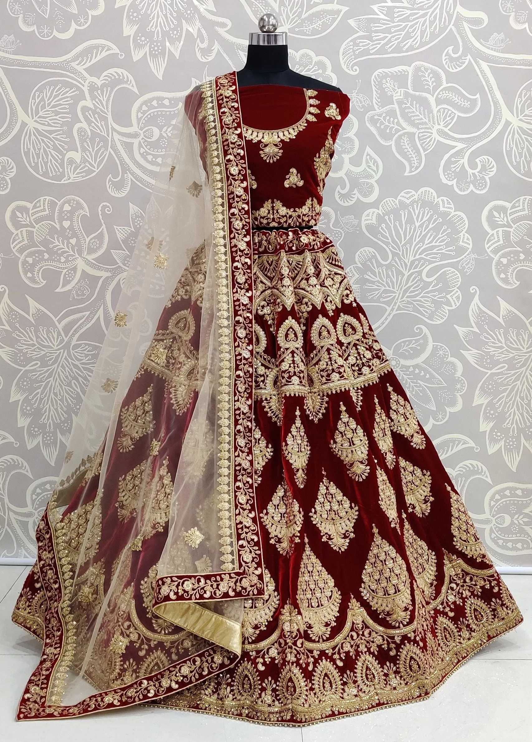 Maroon Heavy Soft Net and Velvet Wedding Bridal Lehenga Choli