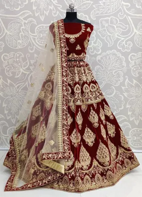 Maroon Heavy Soft Net and Velvet Wedding Bridal Lehenga Choli