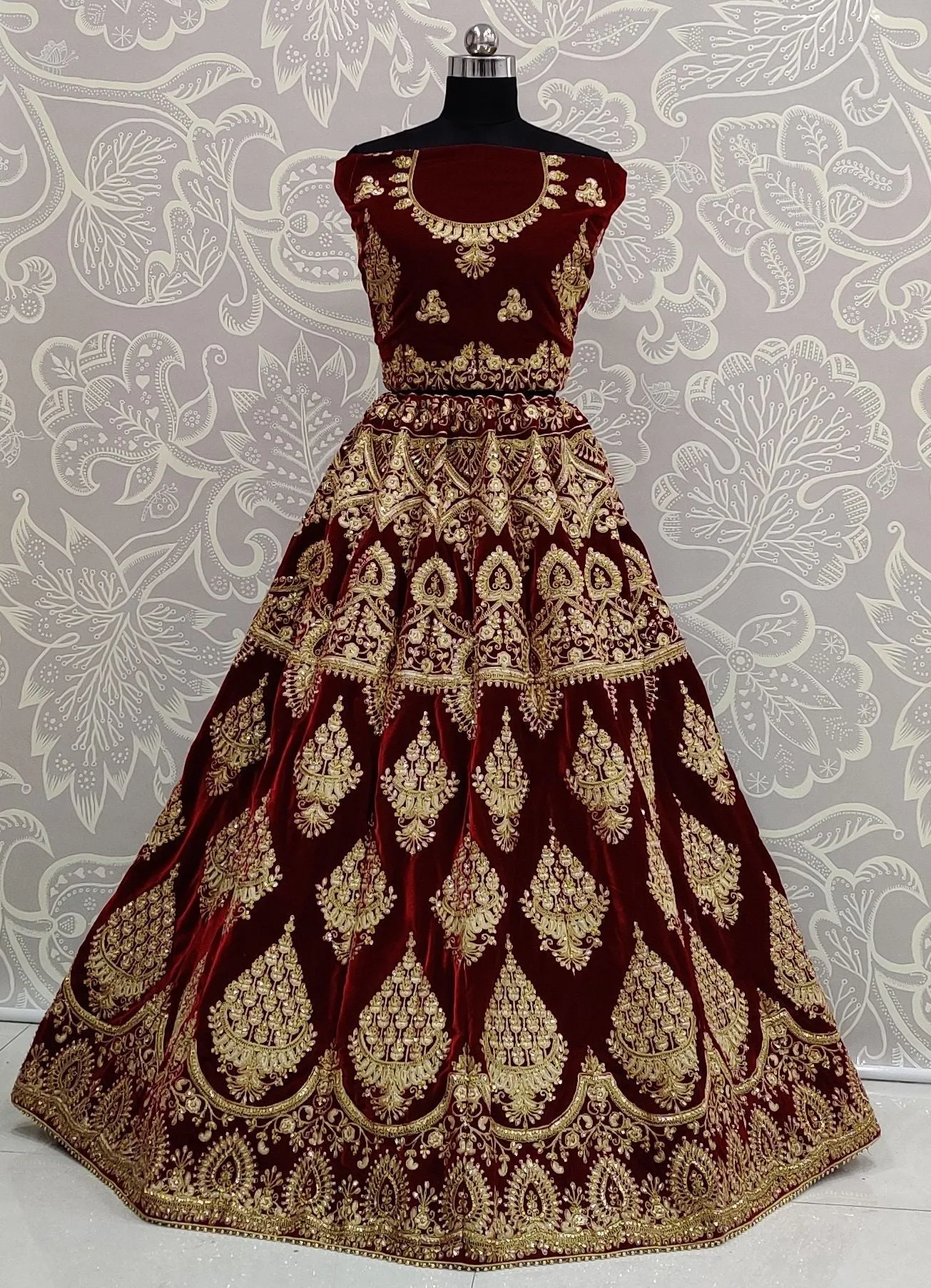 Maroon Heavy Soft Net and Velvet Wedding Bridal Lehenga Choli