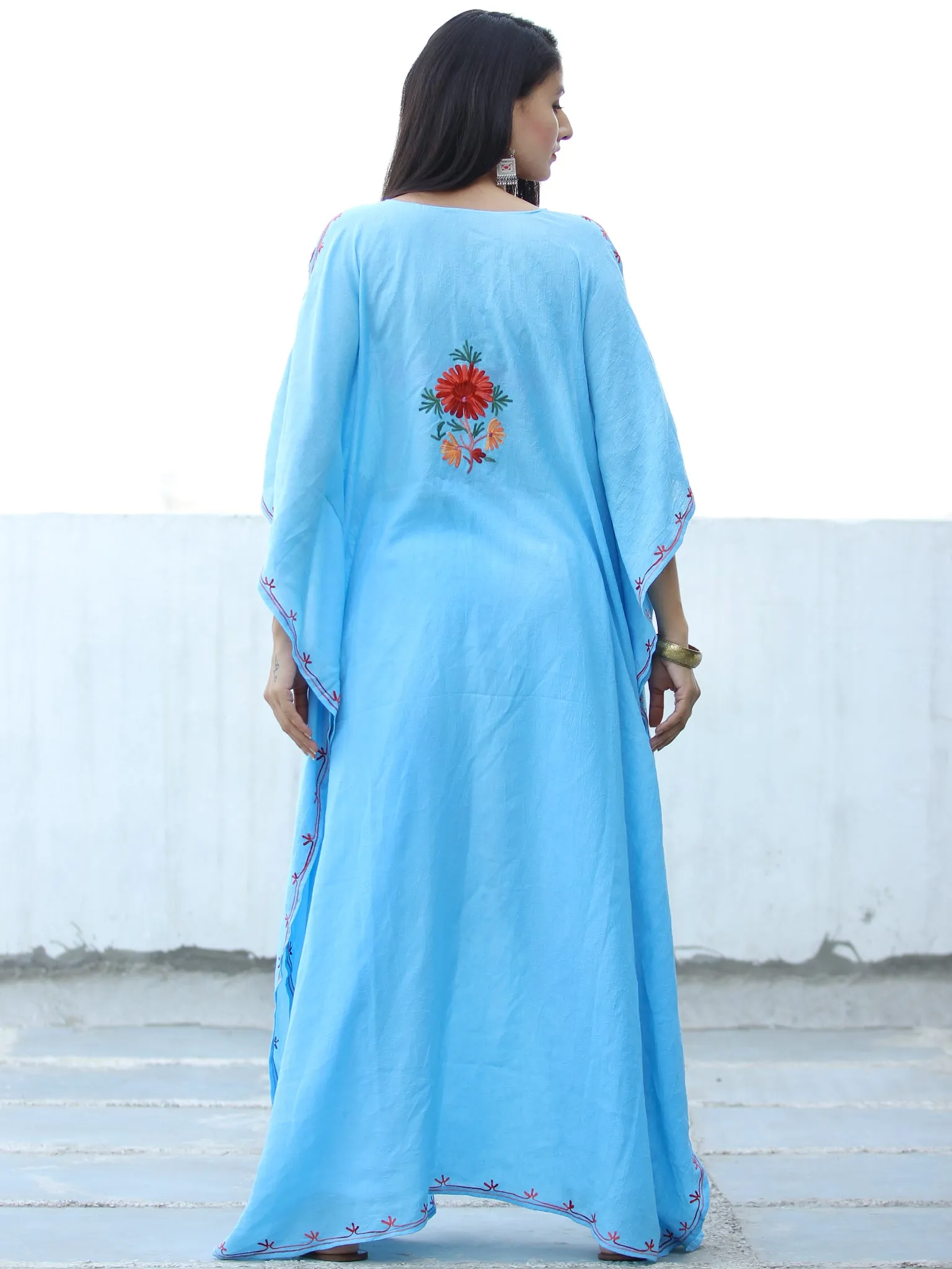Sky Blue Red Aari Embroidered Kashmere Free Size Kaftan in Crushed Cotton - K11K057