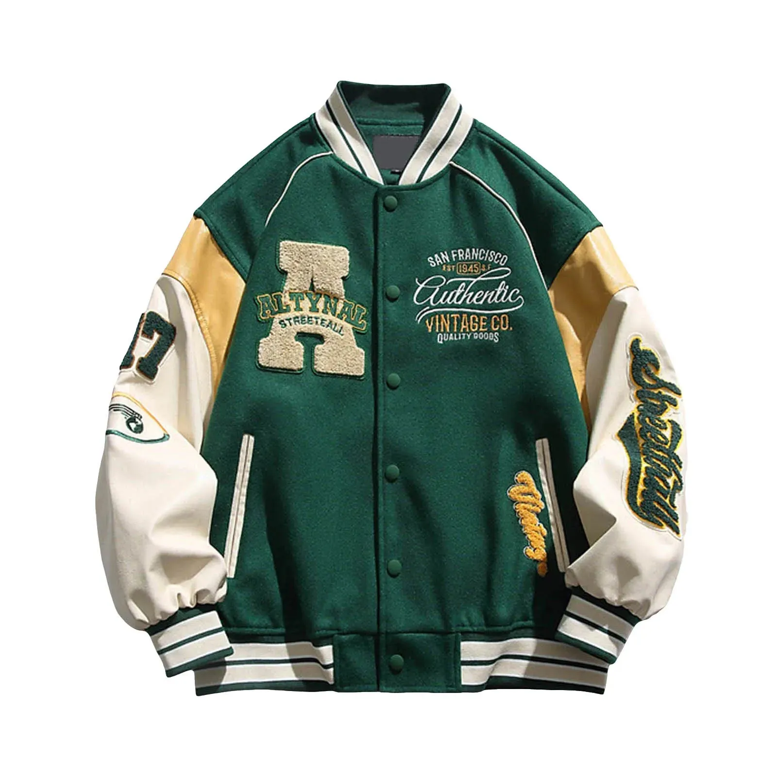Unisex Streetwear Letter Embroidery Baseball Jacket Spring Autumn Long Sleeve Scrub Leather Bomber Jackets Button Up Outerwears