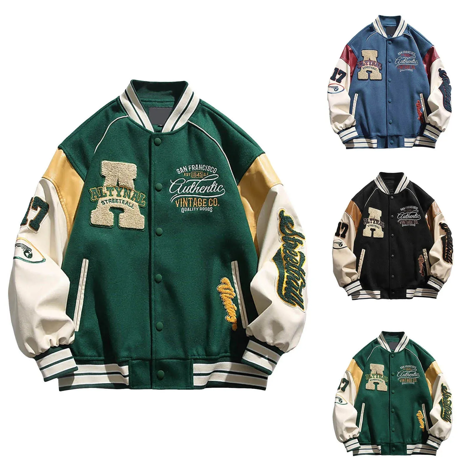 Unisex Streetwear Letter Embroidery Baseball Jacket Spring Autumn Long Sleeve Scrub Leather Bomber Jackets Button Up Outerwears