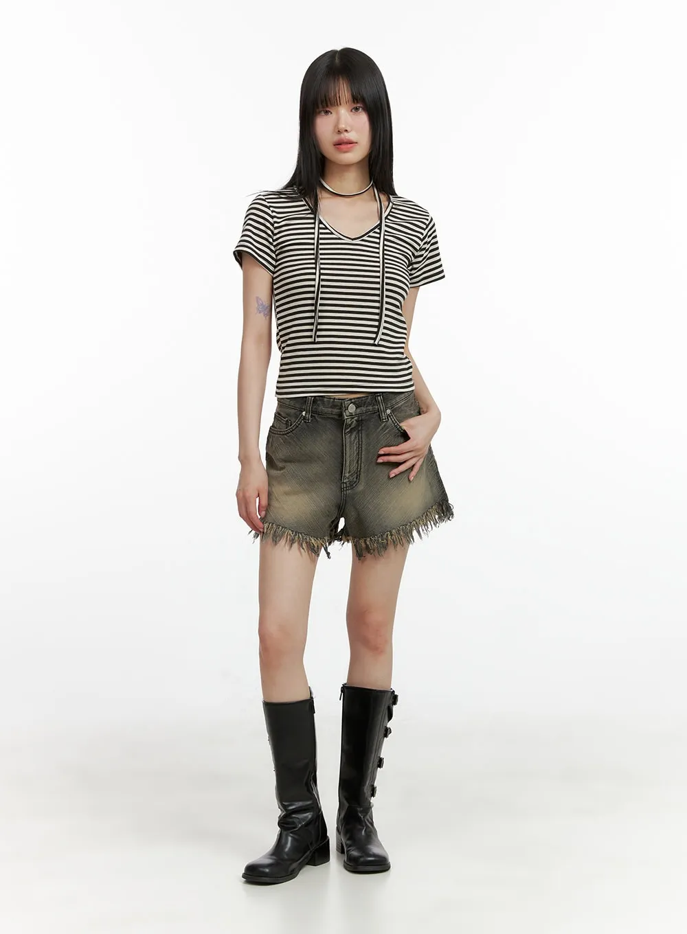 Washed Distressed Denim Shorts CL401