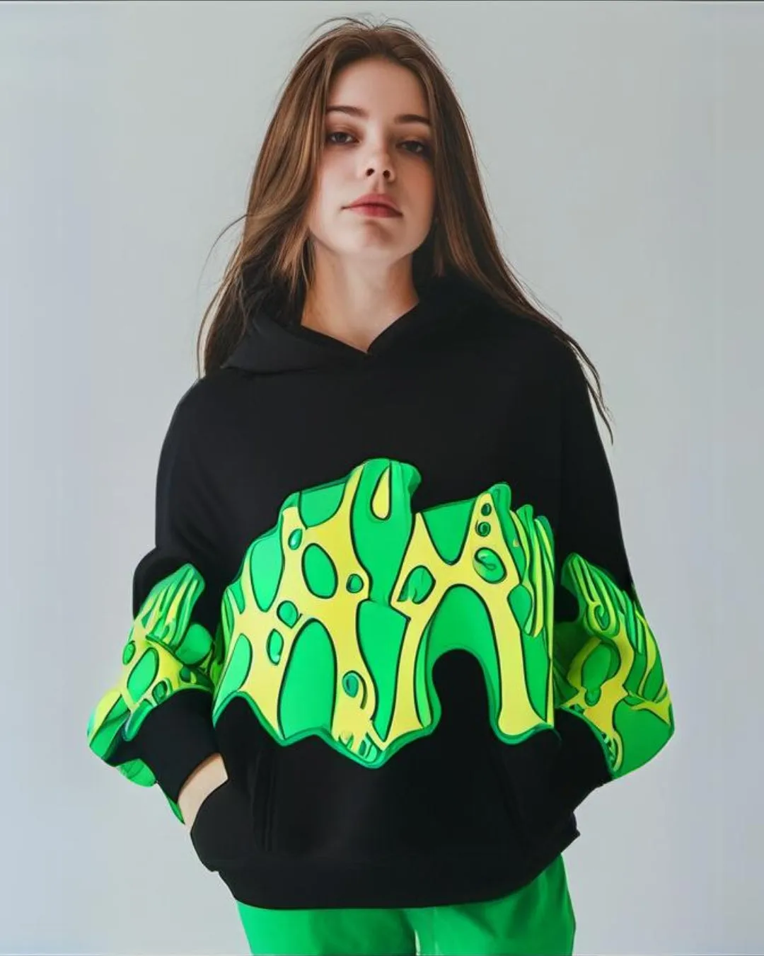Women Black Oversized Hoodie - Green Fire Edition